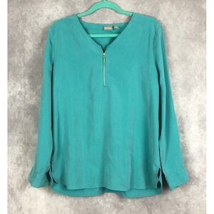 Chico's Blouse Size 1 Medium Top Green Quarter Zip Shirt Roll Tab Long Sleeve
